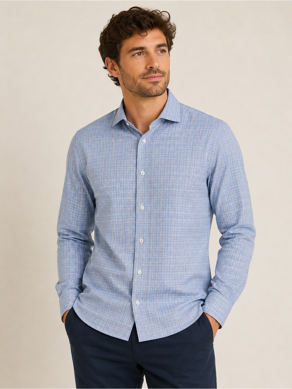 Eton Slim Light Blue Plaid Dress Shirt Button Front Long Sleeve Size 16 1/2 Neck